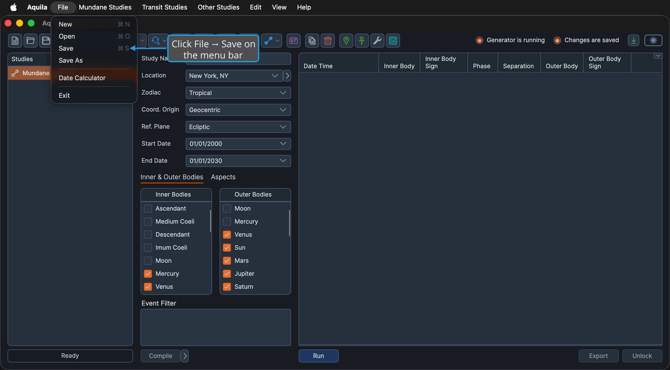 The File menu open, showing the Save command, with a study present in the workspace.