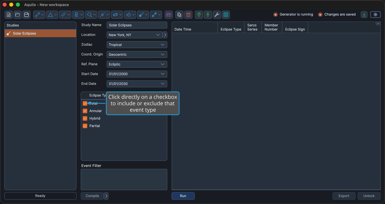 An eclipse study's Eclipse Types checkbox list.