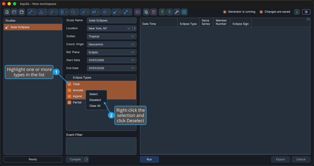 A selectable types list with a range of rows highlighted and the right-click context menu open.