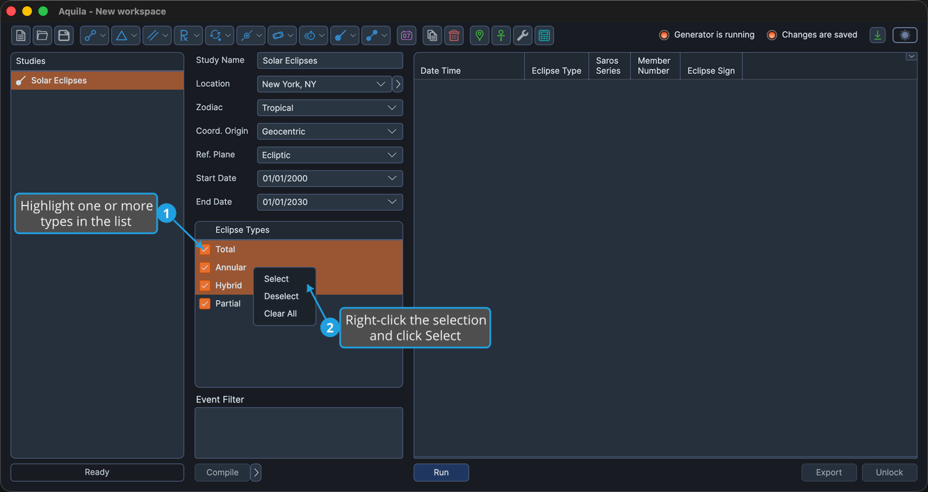 A selectable types list with a range of rows highlighted and the right-click context menu open.