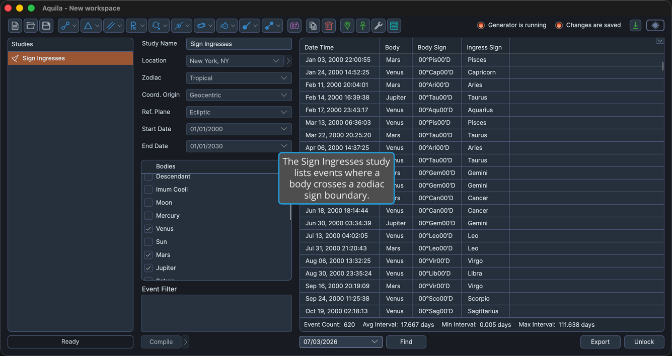 A Sign Ingresses study with events generated and the events table populated.