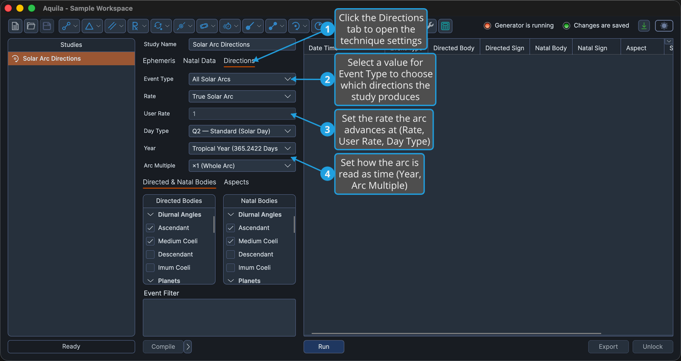 An unlocked Solar Arc Directions study with the Directions tab active, so Rate, User Rate, Day Type, Arc Multiple, Event Type and Year are all in view.