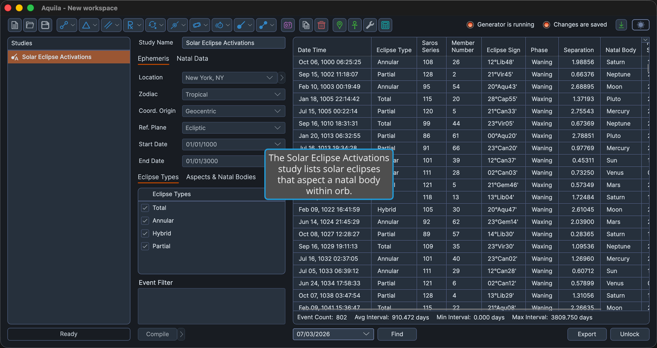 A Solar Eclipse Activations study with events generated and the events table populated.