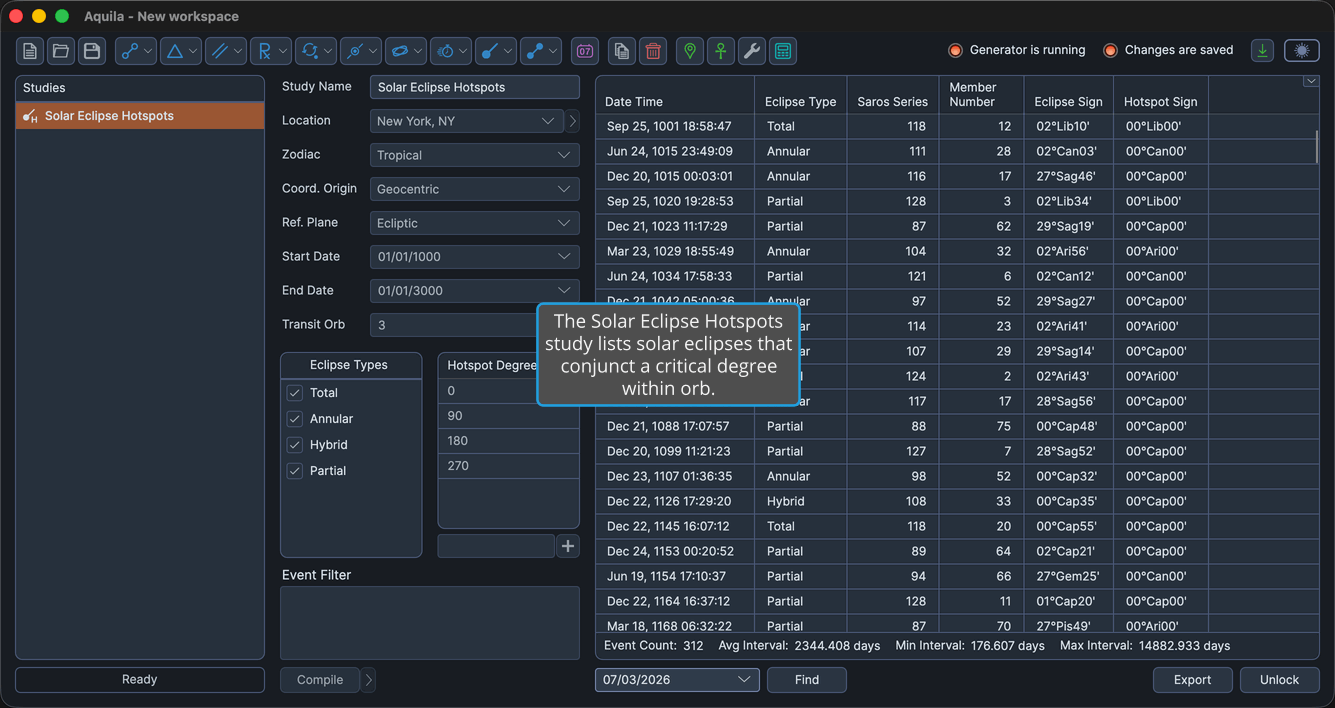 A Solar Eclipse Hotspots study with events generated and the events table populated.