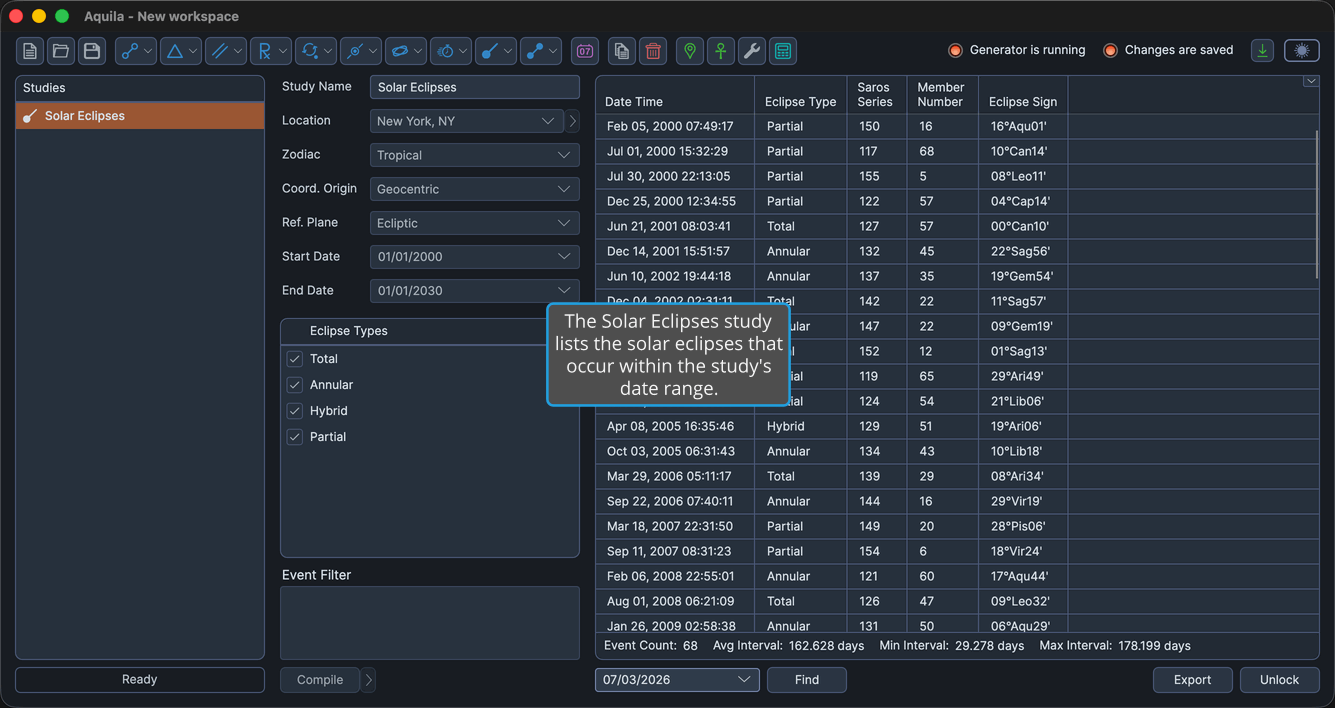A Solar Eclipses study with events generated and the events table populated.