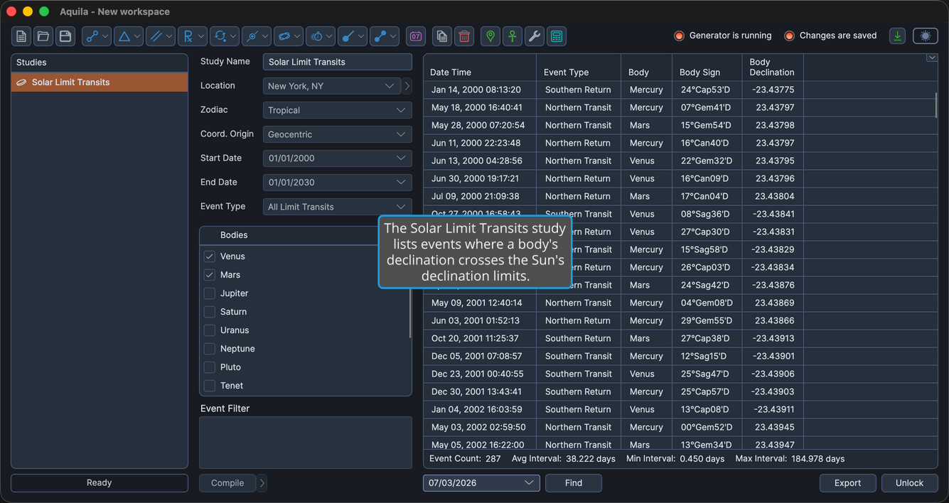 A Solar Limit Transits study with events generated and the events table populated.