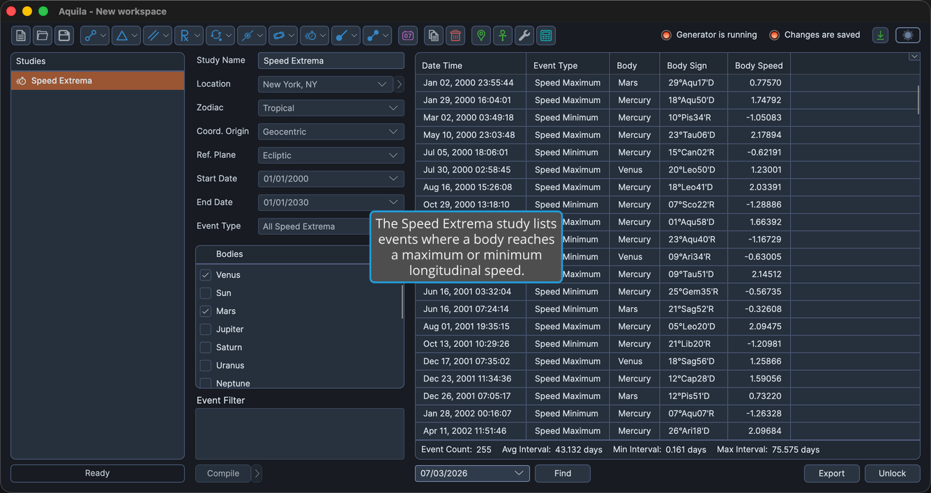 A Speed Extrema study with events generated and the events table populated.