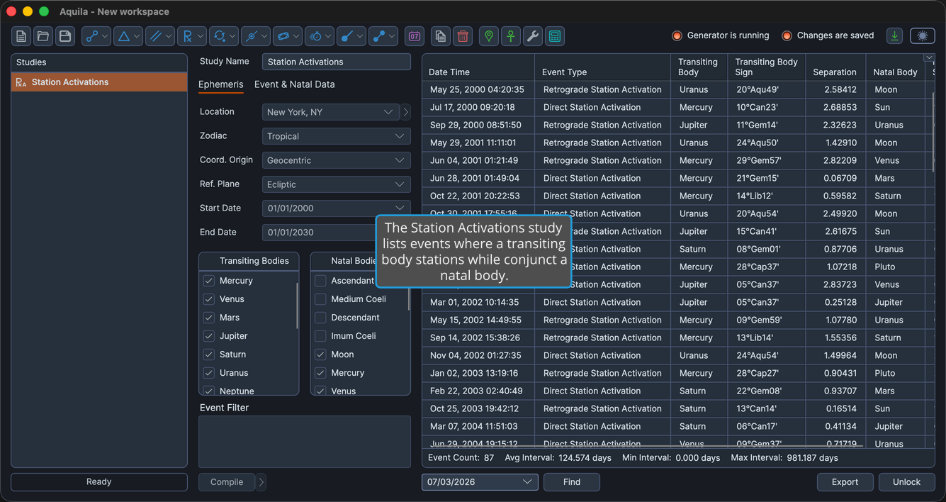 A Station Activations study with events generated and the events table populated.