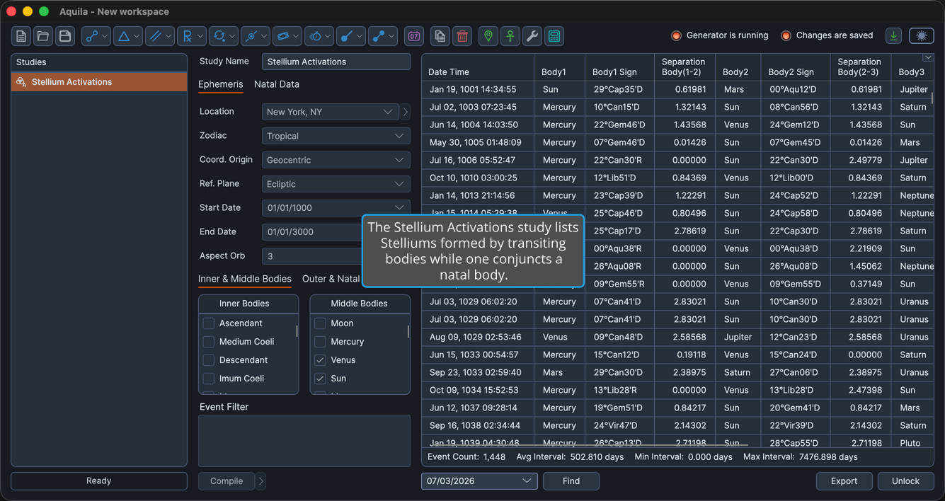 A Stellium Activations study with events generated and the events table populated.