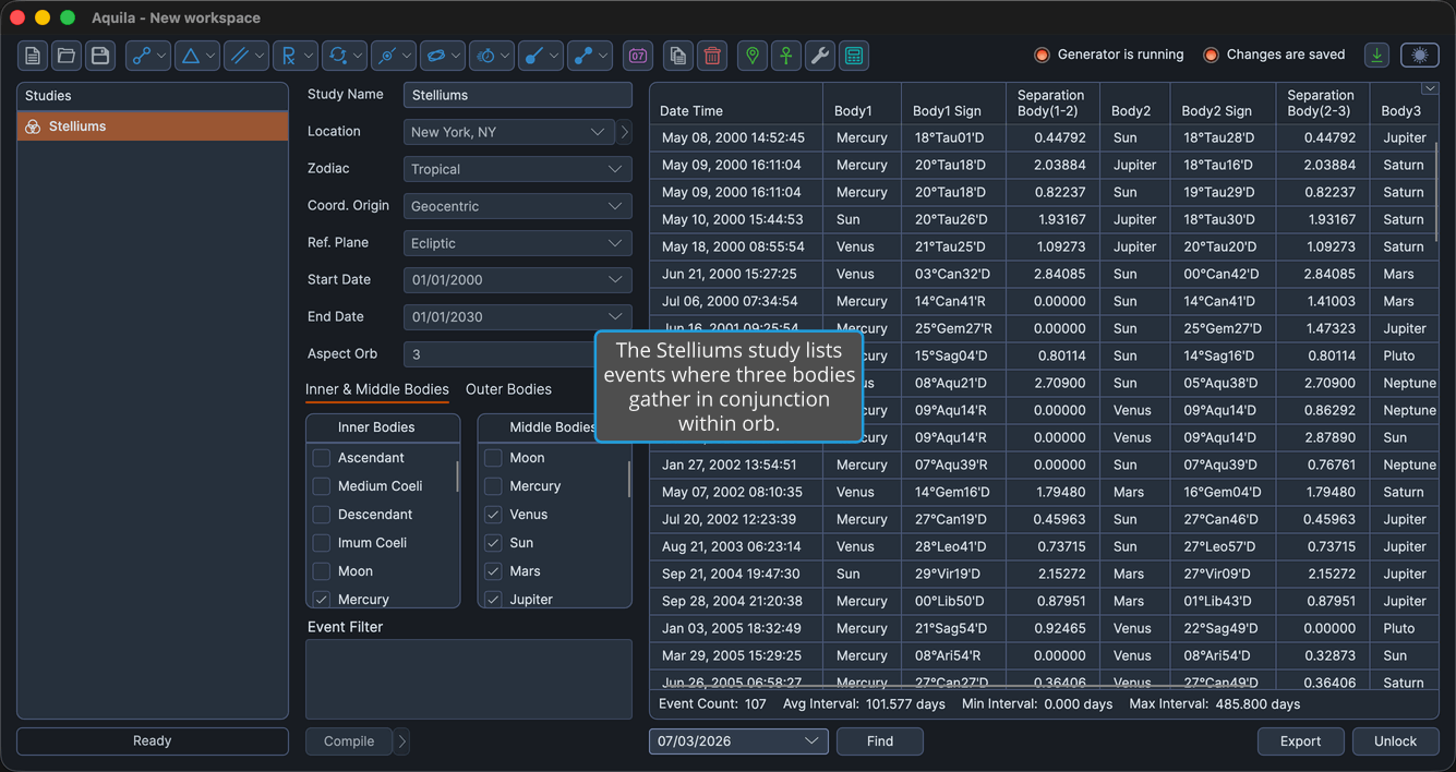 A Stelliums study with events generated and the events table populated.