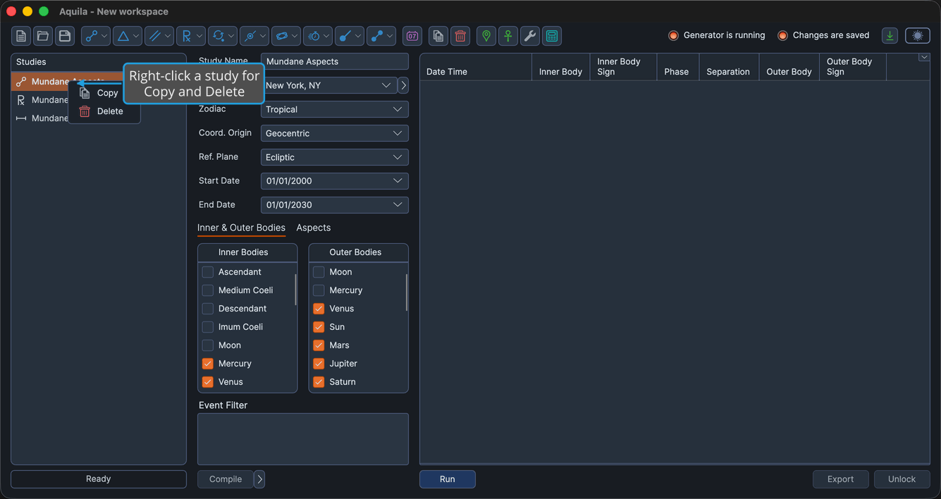 The Studies list with the right-click context menu open on a study, showing the Copy and Delete commands.