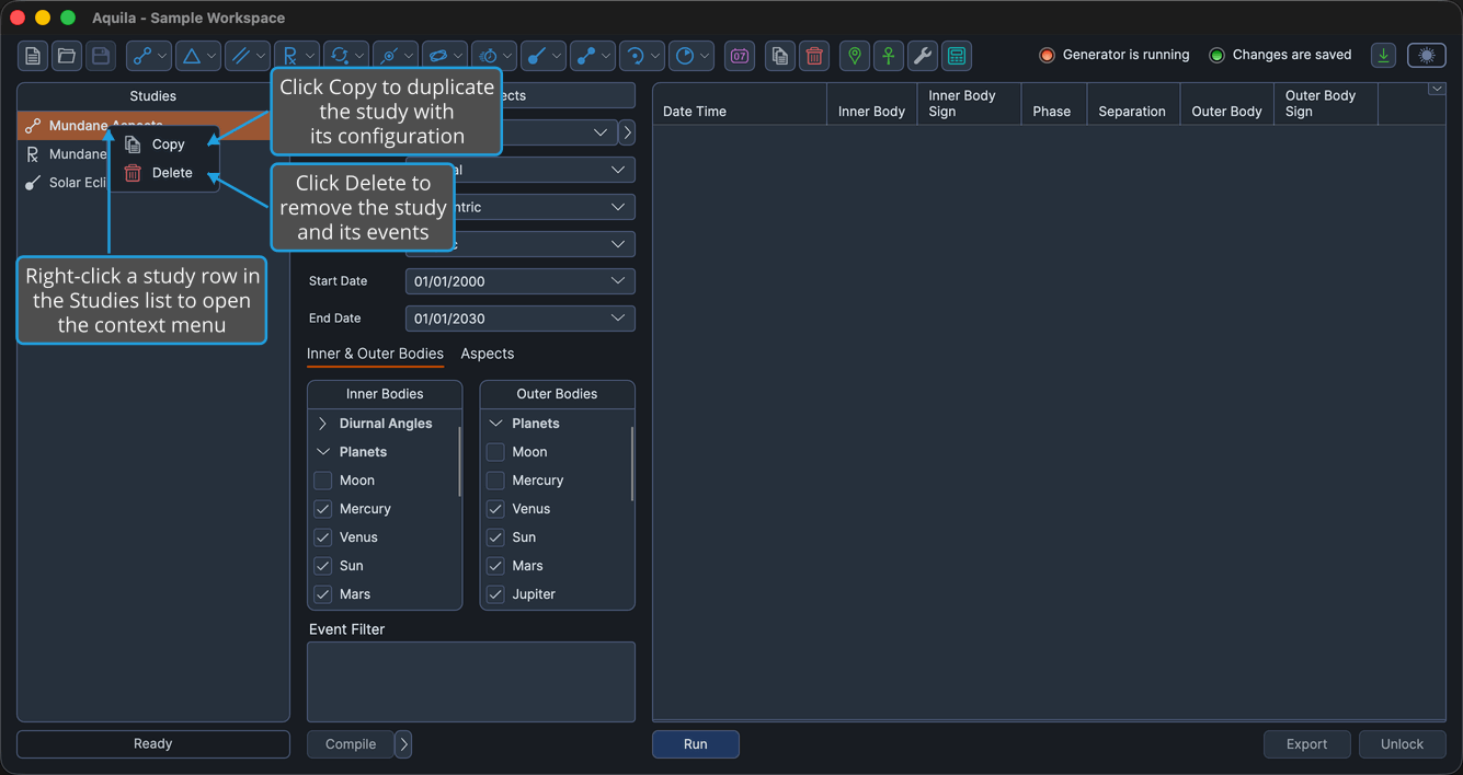 A study row right-clicked so the Studies list context menu is open over the panel.