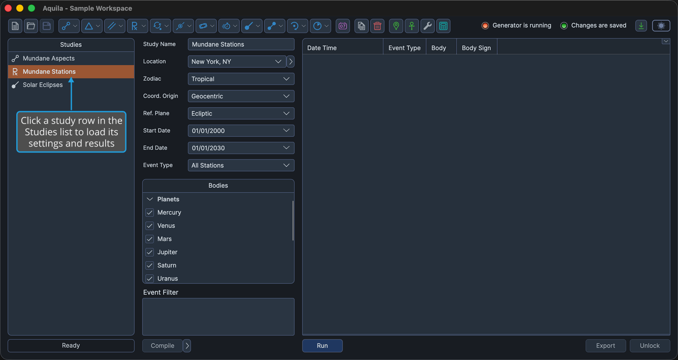 A workspace of several studies and one row highlighted in the Studies list, its view filling the content region.