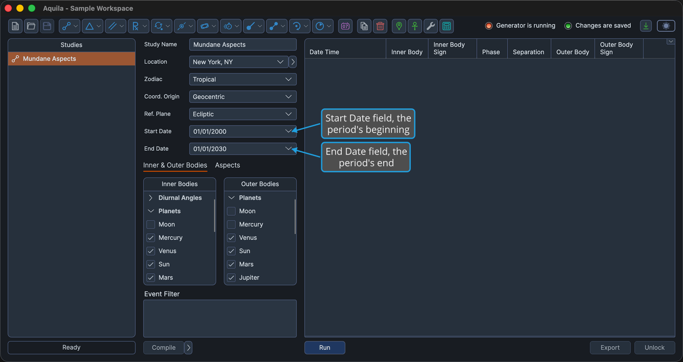 An unlocked study showing the date range rows in the settings column, both fields holding dates.