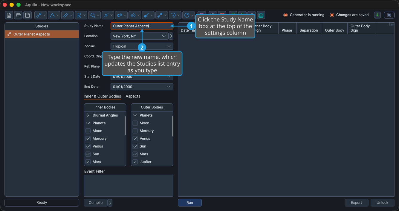 An unlocked study with the Study Name box focused and holding a descriptive name, the matching Studies list entry visible on the left.