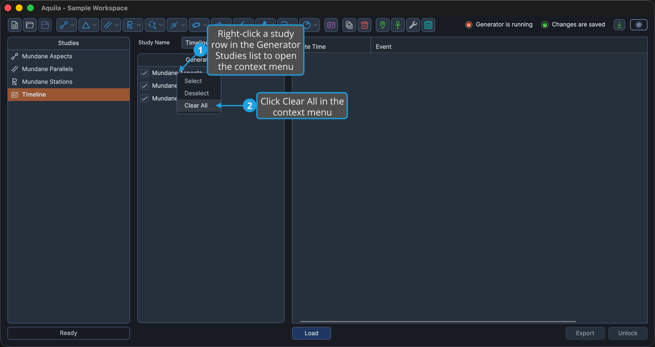 An unlocked Timeline study with several studies checked in the Generator Studies list and the context menu open from a right-click on a study row.