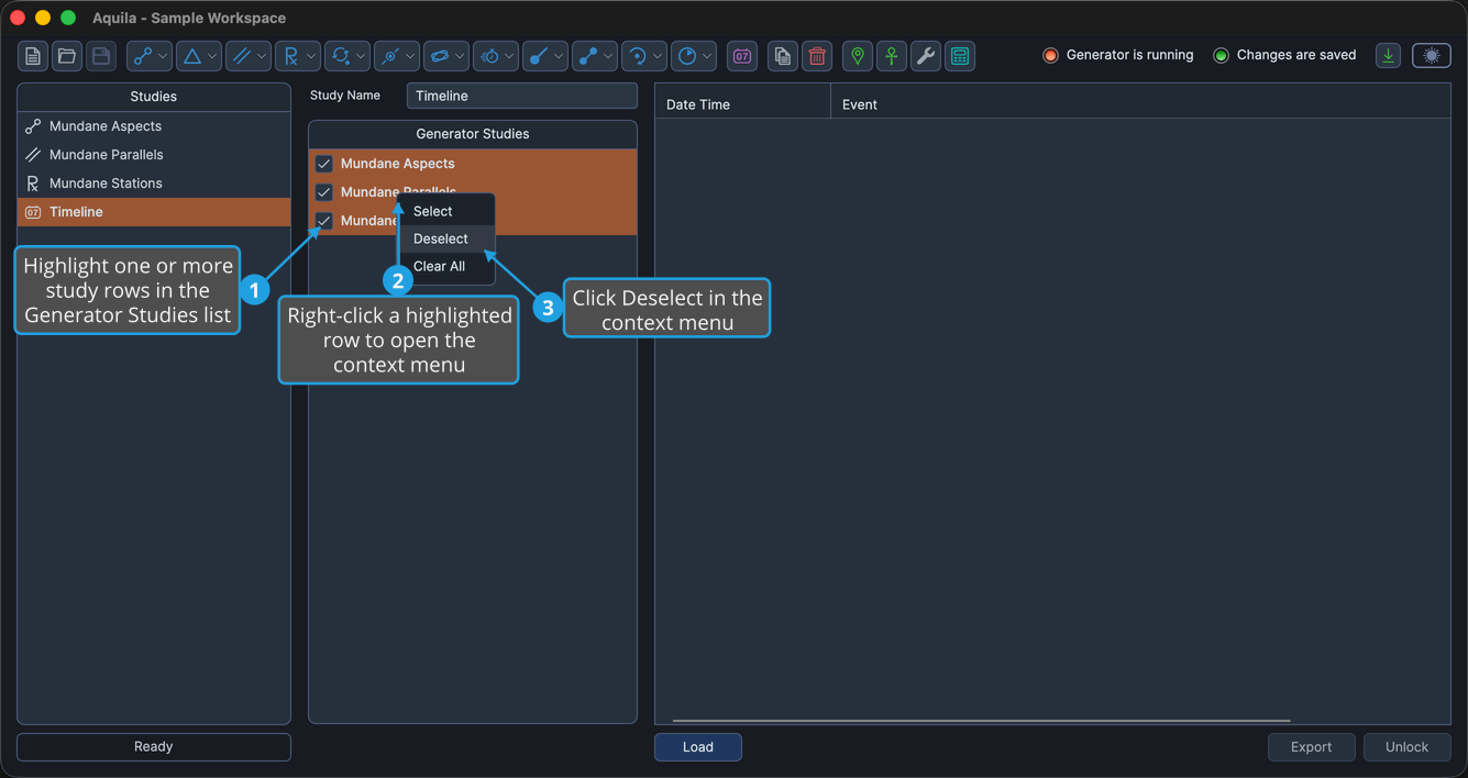 An unlocked Timeline study with at least three checked study rows highlighted as a contiguous range in the Generator Studies list and the context menu open from a right-click inside that range.
