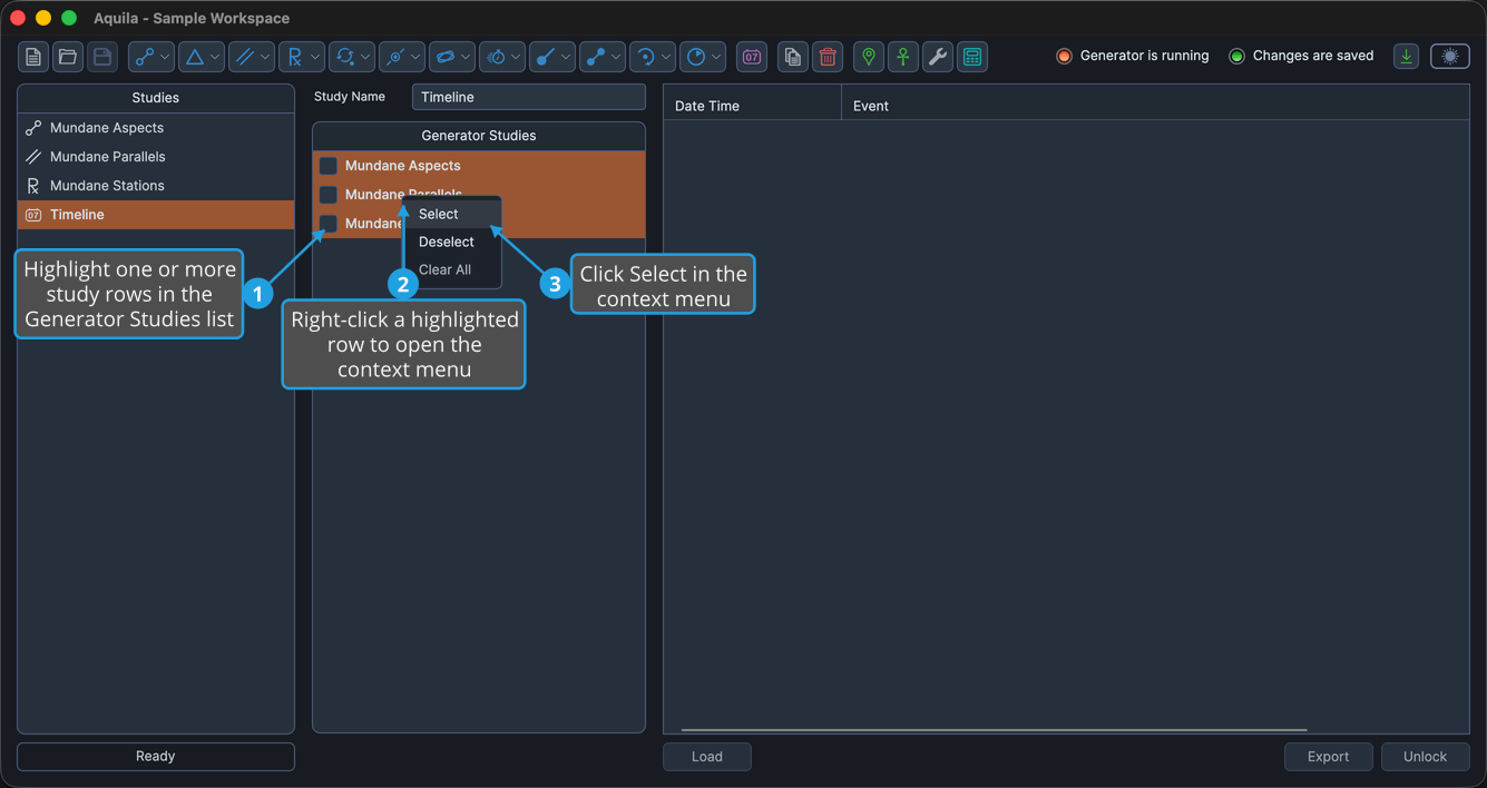 An unlocked Timeline study with at least three unchecked study rows highlighted as a contiguous range in the Generator Studies list and the context menu open from a right-click inside that range.