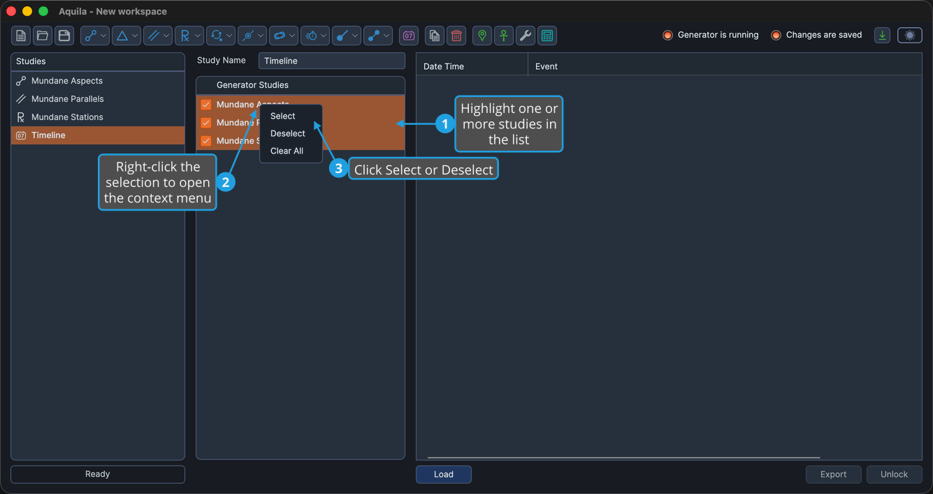 A Timeline Study's Generator Studies list with several studies highlighted and the right-click context menu open.