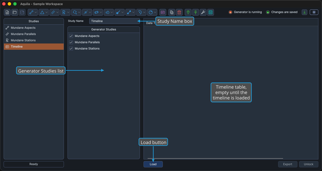 A Timeline study that has been configured but not loaded, in a workspace already holding generated Mundane Aspects, Mundane Parallels and Mundane Stations studies.