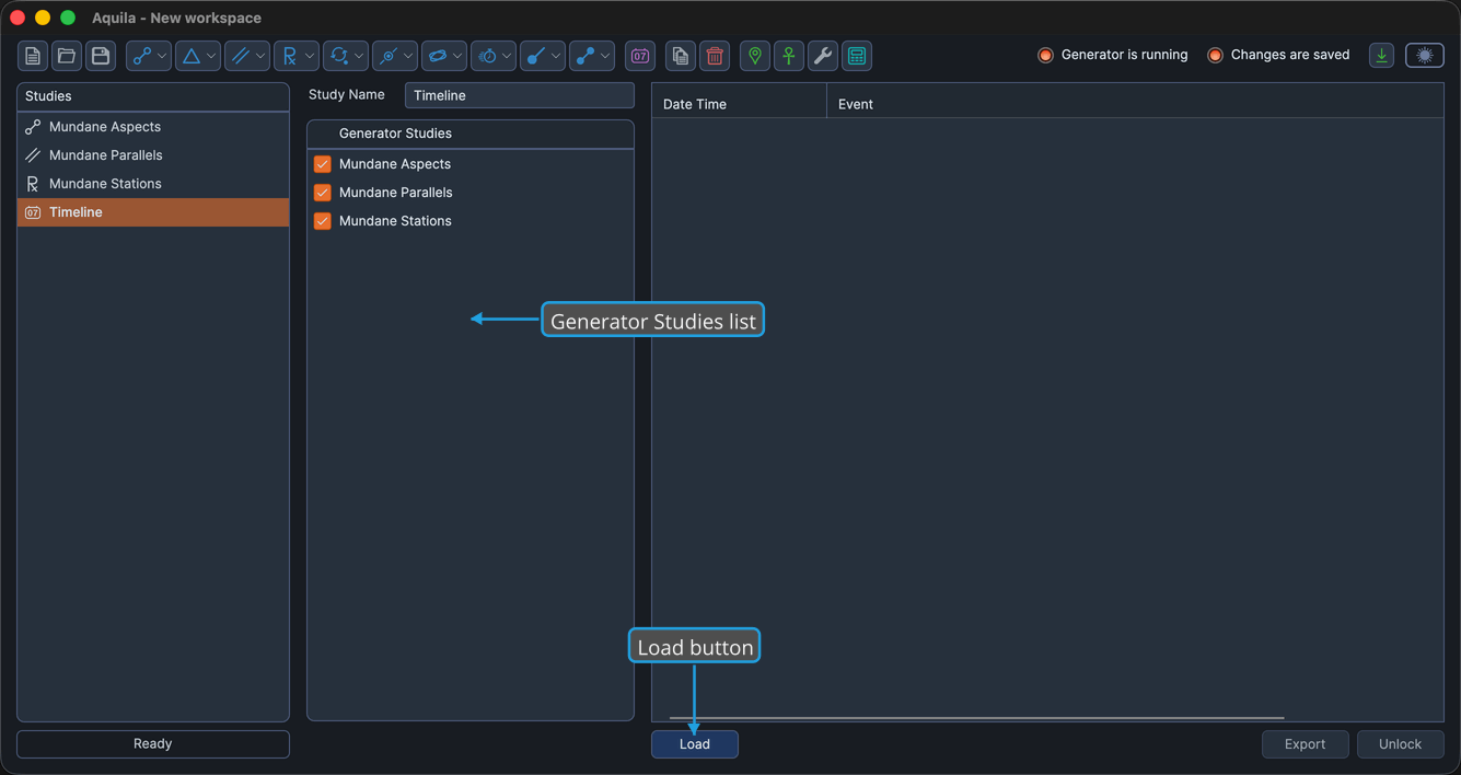 A Timeline Study configured but not yet loaded, showing the Generator Studies list with checkboxes and the Load button.