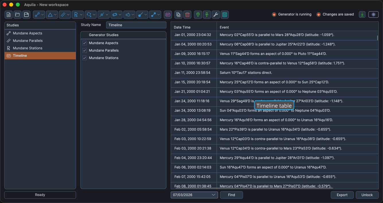 A loaded Timeline Study with its timeline table populated by events from every selected source study.