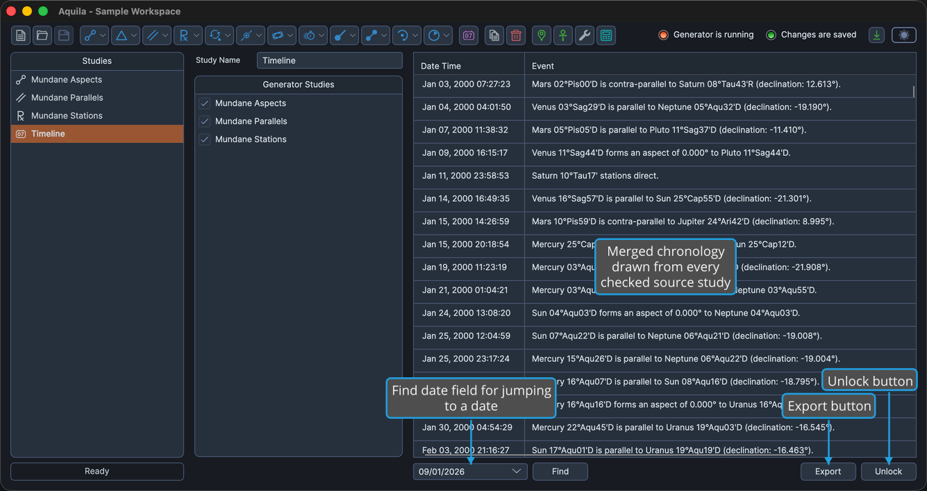 The same Timeline study after Load, with the merged events of the three checked source studies filling the Timeline table in date order.
