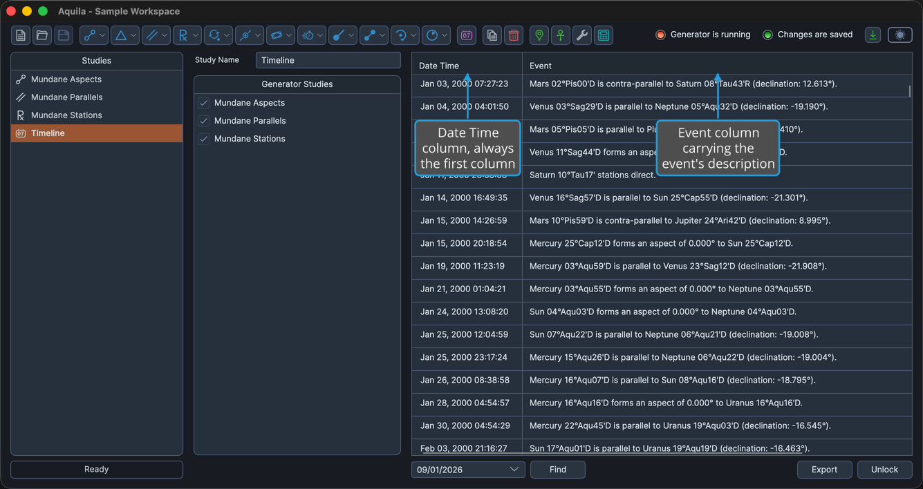 A loaded Timeline study whose table is filled with merged events.