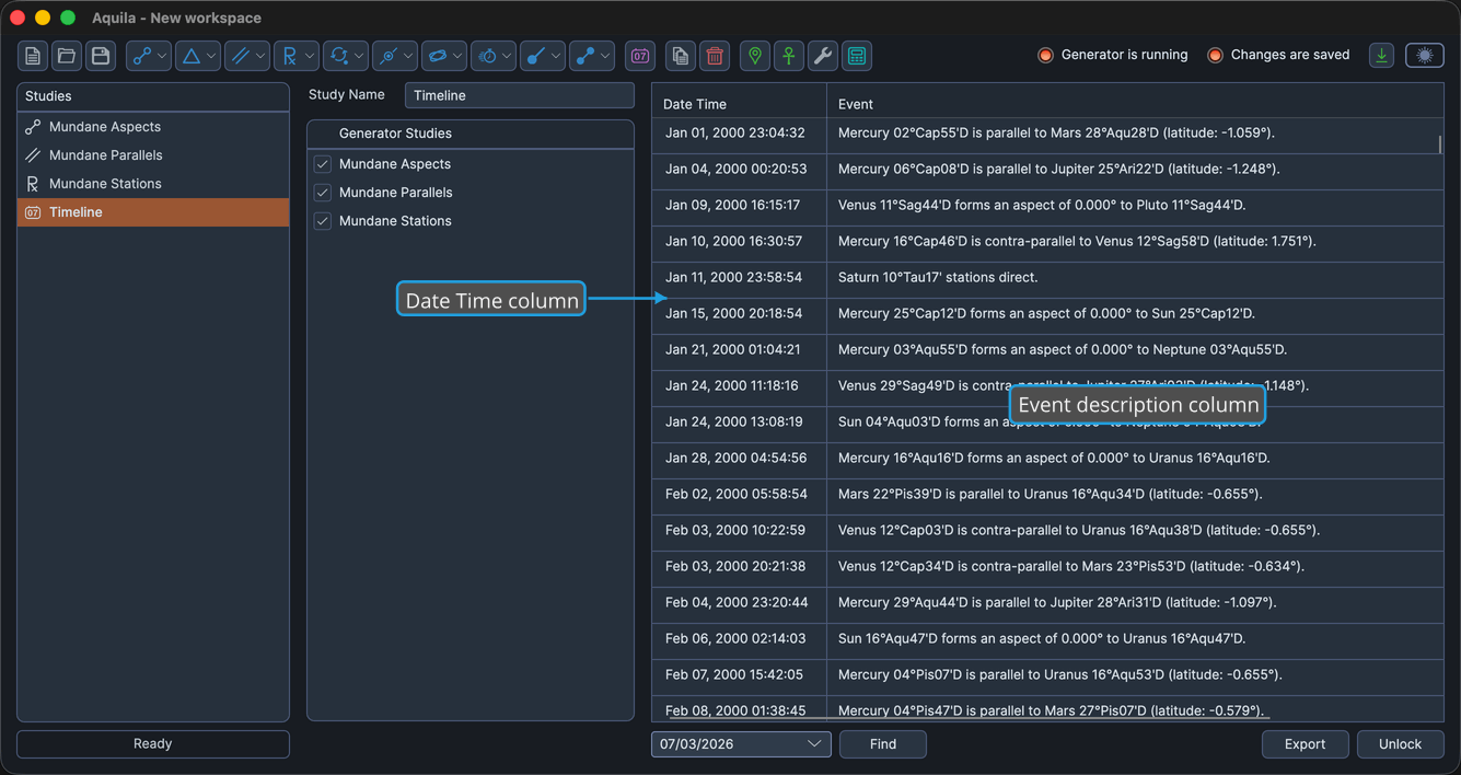 A loaded Timeline Study's timeline table showing its two columns.
