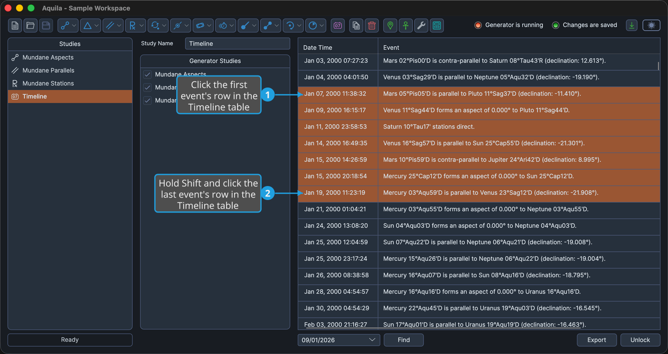 A loaded Timeline study with a contiguous block of rows highlighted in the Timeline table.