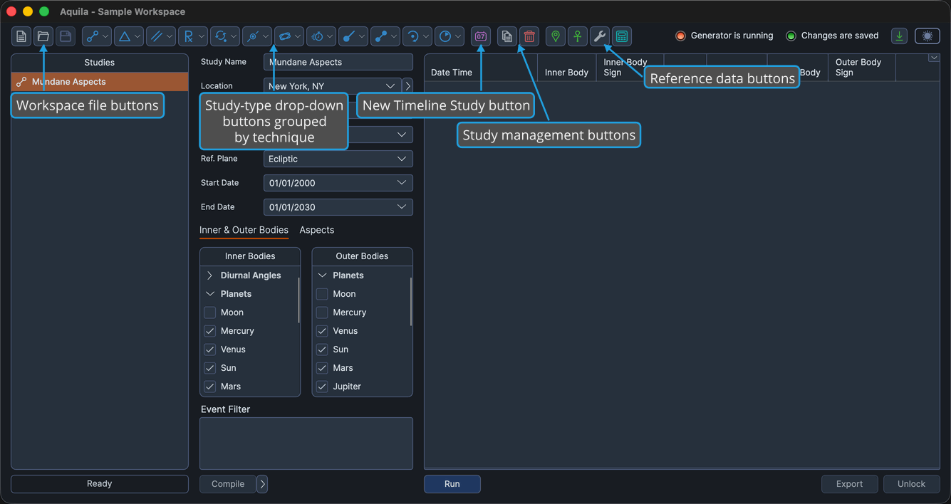 The Aquila main window with its toolbar in view and at least one study in the Studies list, so the study-management buttons are enabled.
