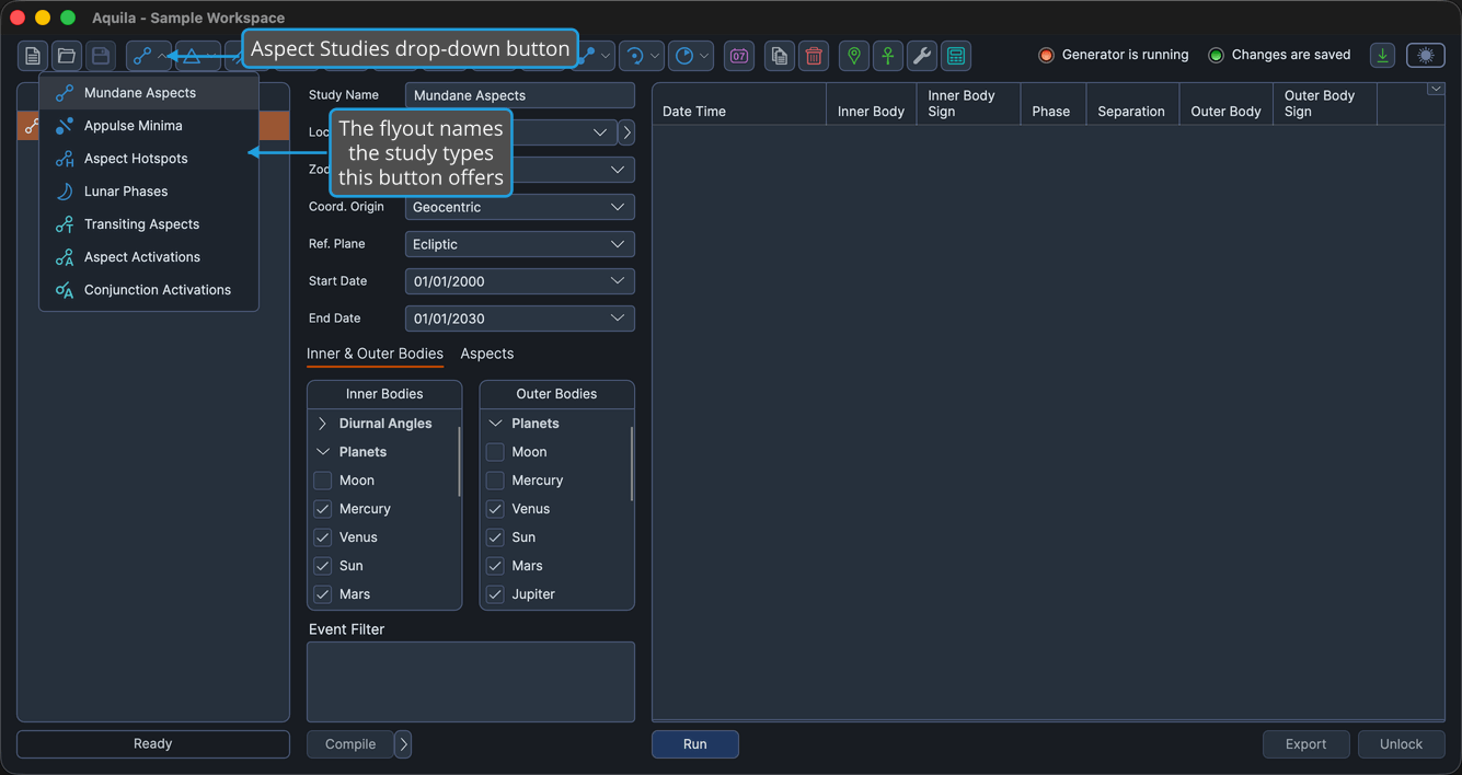 The Aspect Studies drop-down button clicked so its flyout is open, listing its study types with an icon against each.