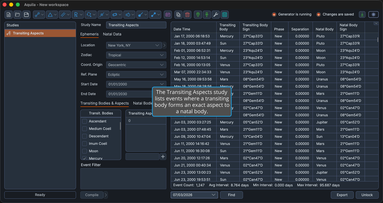 A Transiting Aspects study with events generated and the events table populated.