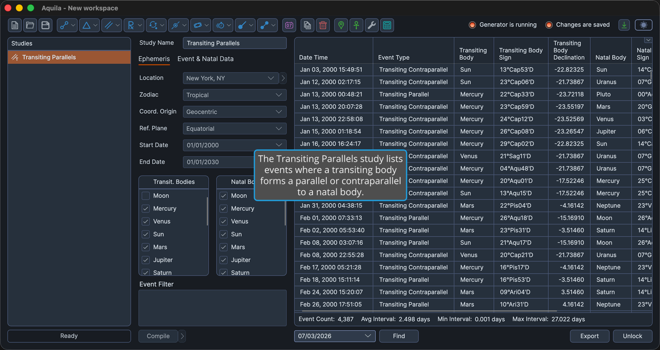A Transiting Parallels study with events generated and the events table populated.