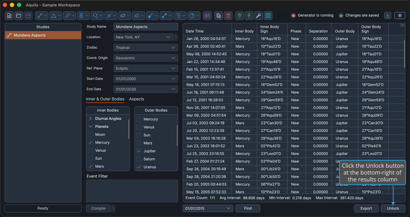 A locked study whose events have been generated, so the Unlock button is enabled at the bottom-right of the results column beside Export.
