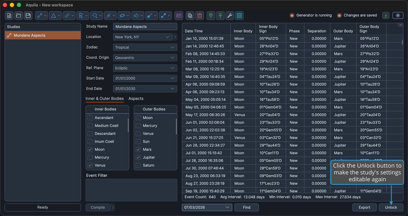 A locked study after events were generated, showing the Unlock button.