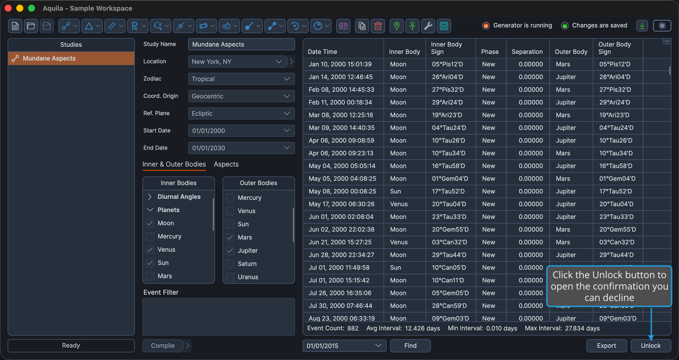 A locked study whose events have been generated, its events table populated and the Unlock button enabled at the bottom-right of the results column.