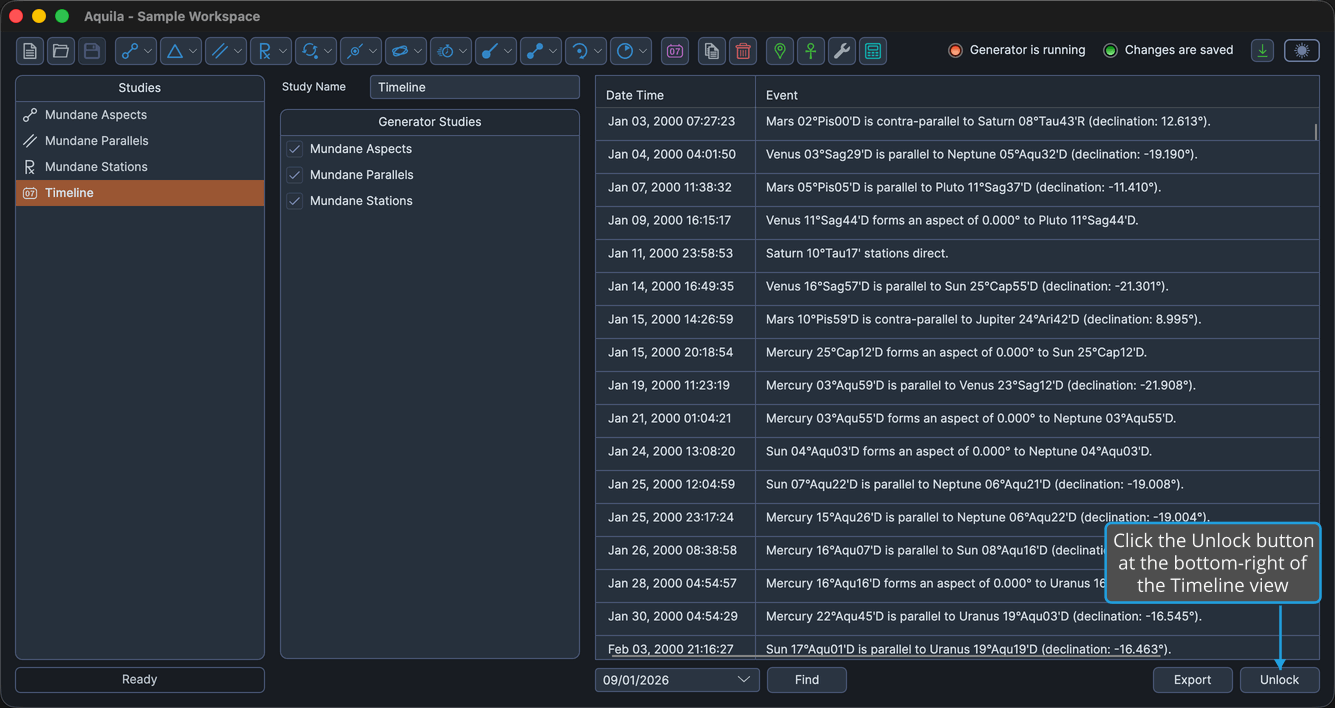 A loaded Timeline study, its table filled with merged events and the Unlock button enabled at the bottom-right beside Export.