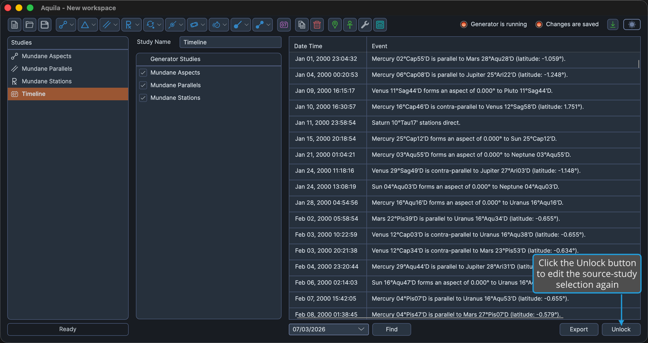 A loaded Timeline Study showing the Unlock button.