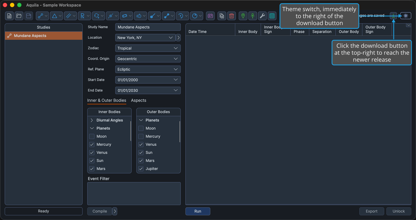 The main window with the update download button visible at the top-right, immediately to the left of the theme toggle.