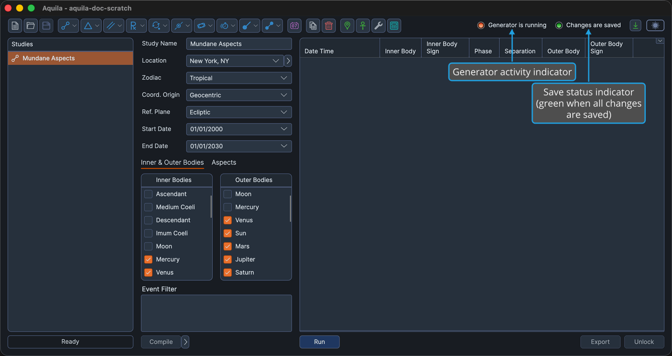 The top-right corner of the main window in a saved-workspace state, with the two status indicators visible.