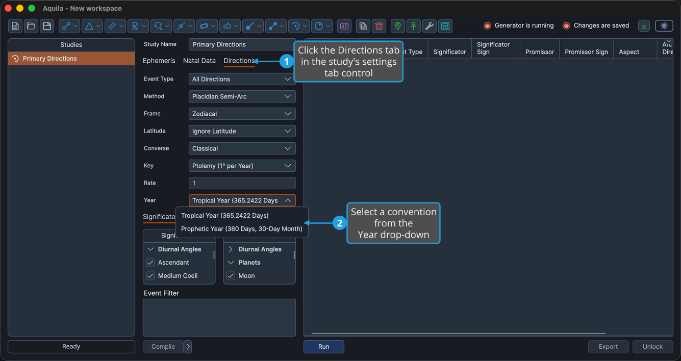 An unlocked Primary Directions study with the Directions tab active and the Year drop-down open, showing both conventions.
