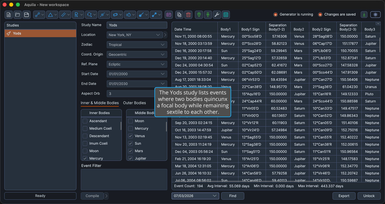 A Yods study with events generated and the events table populated.