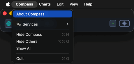 The Compass application menu open in the macOS menu bar with About Compass highlighted.