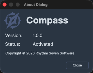 The About dialog, showing the Compass name and icon, the version number, the Status field, and the copyright line.