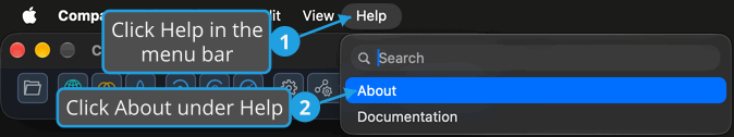 The Help menu open from the menu bar, with numbered callouts on Help and on About, which opens the About dialog.
