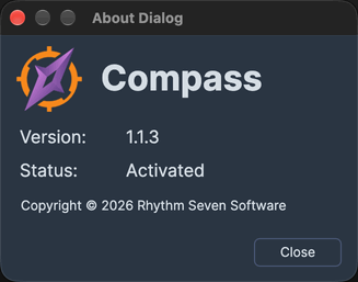 The About dialog showing the Compass icon and name, the installed version, a status of Activated, the copyright line and the Close button.