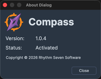 The About dialog showing the application icon and name, the version number, and the status.