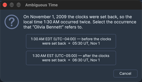 The Ambiguous Time dialog explaining a repeated birth time, with a button for each occurrence, before and after the clocks were set back, and a Cancel button.