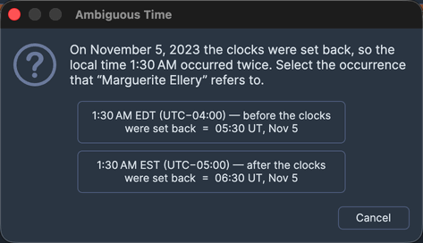 The Ambiguous Time prompt open over the Natal Records Editor while saving a record.